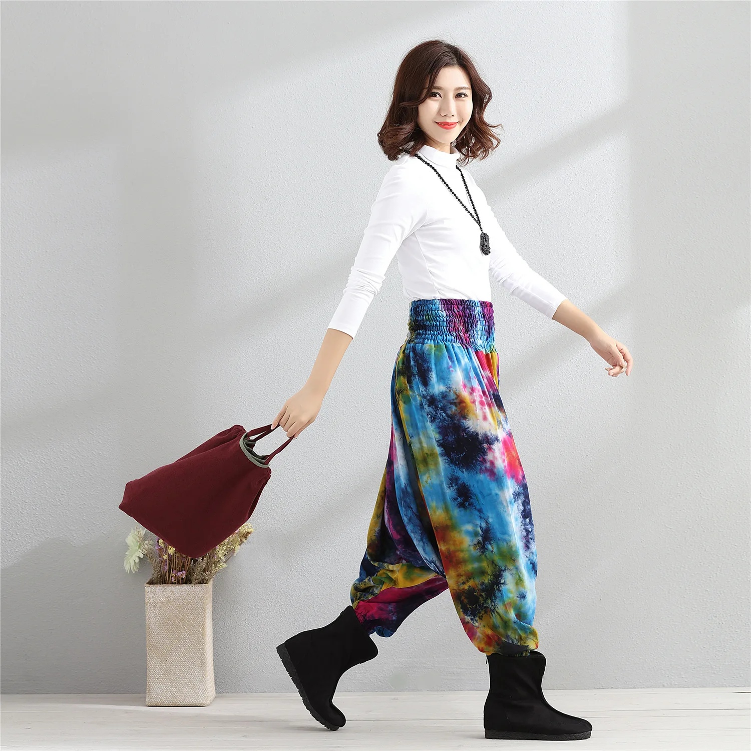Women Retro Yoga Pants Indian Linen Loose Wide Leg Harem Sweatpants Crotch Pant Running Jog Leisure Travel Workout Fitness Pants