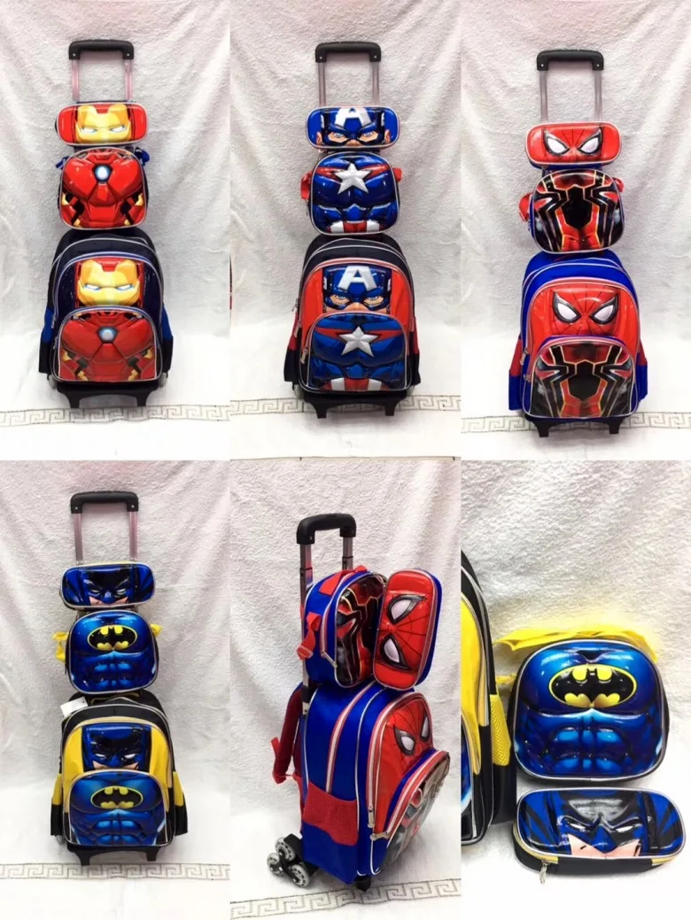3 шт./компл. основные сумки-тележки для школы Капитан Америка Человек-паук Бэтмен Дети Аниме-рюкзак школьный ребенок с колесами 16"