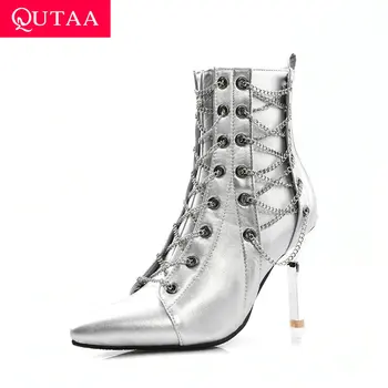 

QUTAA 2020 Zipper Thin High Heel Autumn Winter Women Short Boots Sexy Pointed Toe Metal Decoration Fashion Ankle Boots Size34-43