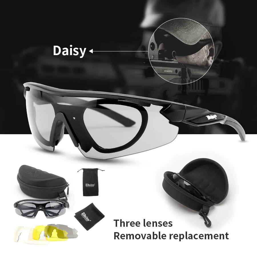Daisy C8 Military Goggles Bulletproof Army Polarized Sunglasses 3 Lens