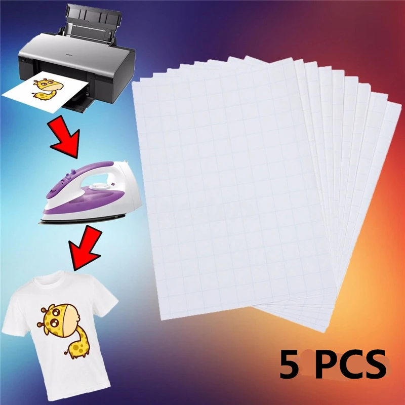 5pcs/Set A4 Transfer Paper For T Shirts Iron On Heat Press Light Fabrics Inkjet Print Paper For T Shirts A4 Size Craft Paper