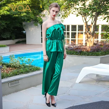 

VOA Green Comfort Silky Pajamas Two Piece Set Nightgown Plus Size Simple Solid Casual Silk Sleepwear Summer Sexy Nighty NLH00301