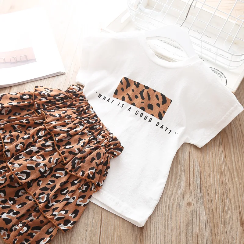 Girls Clothes Set Summer White Shirt with Chiffon Leopard Cake Skirt 2 Pieces Sets Little Kids Cotton Clothing Suit