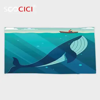 

Custom Microfiber Ultra Soft Bath/hand Towel,Whale Decor Huge White Whale Under the Ocean with Sailor on Water with Rays