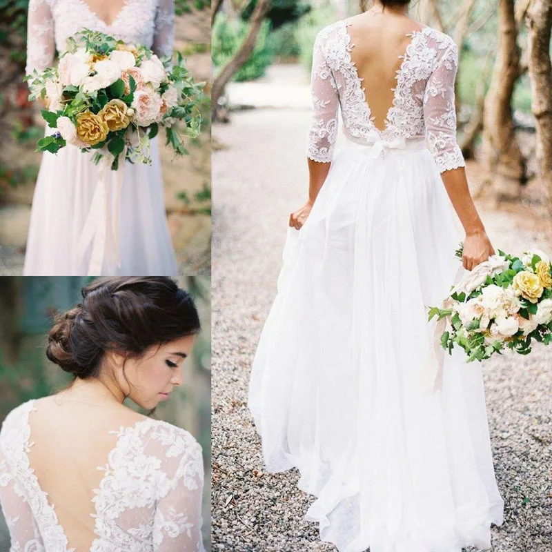

Cheap Bohemian Wedding Gowns Lace Applique V-neck 3/4 Long Sleeves Low Back A-line Lace Chiffon Bridal Wedding Gowns Plus Size
