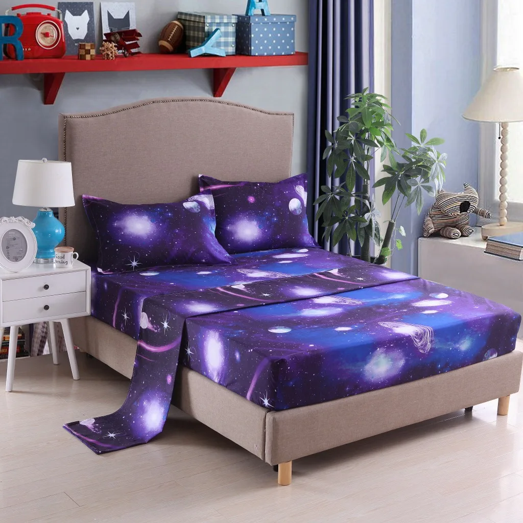 3D Print Bedding Set Modern Galaxy Flat Sheet 40cm Fitted Sheet+bed Sheets+Pillowcase Starry Sky Bedclothes Full Size19 - Цвет: 4