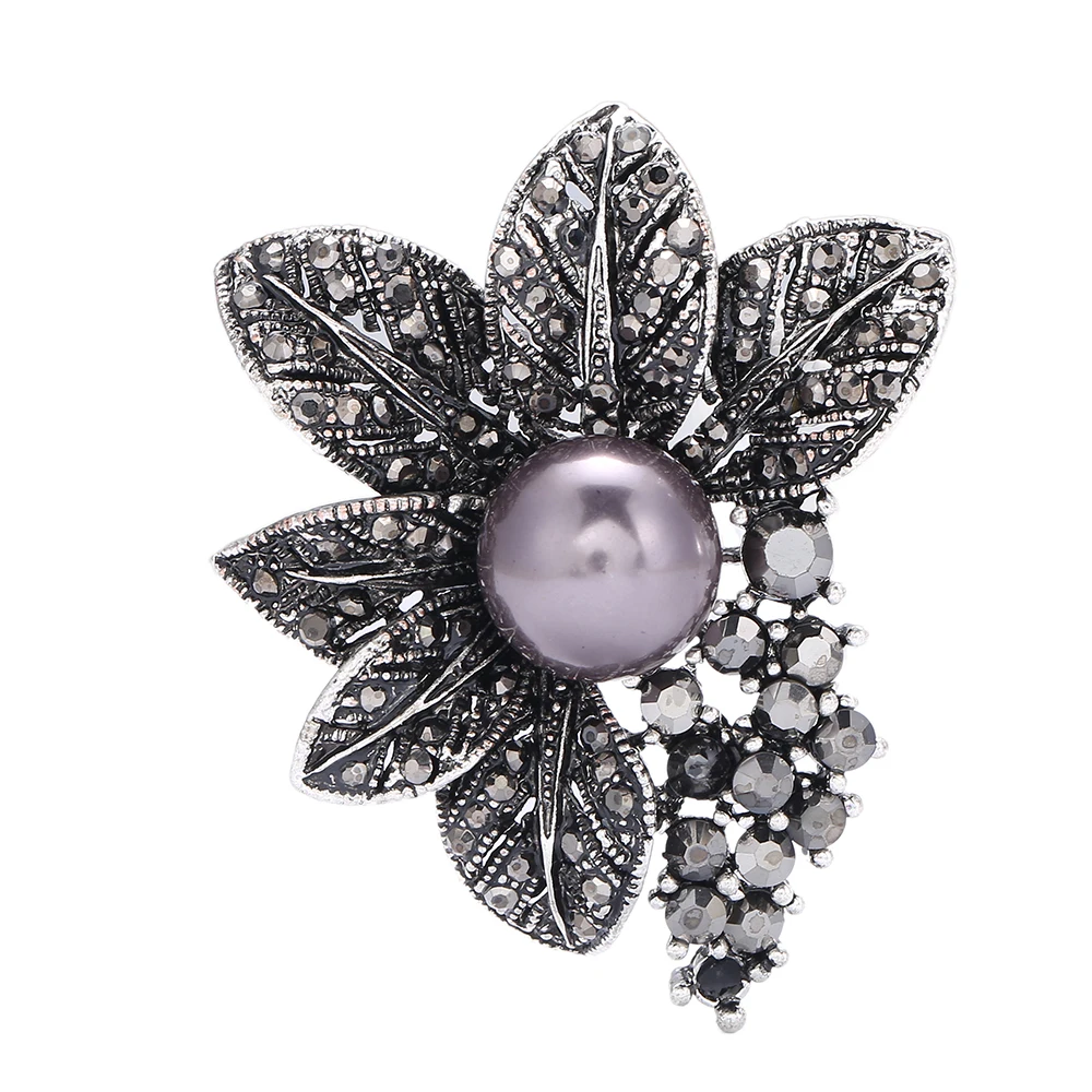 Retro Black Rhinestones Brooches & Pins Simulated Pearl Leaf Shape
