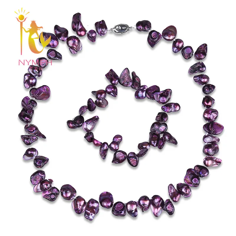 

[NYMPH ] purple natural Baroque pearl jewelry sets 9-13mm Freshwater pearl trendy choker necklace & bracelet for women [T215]