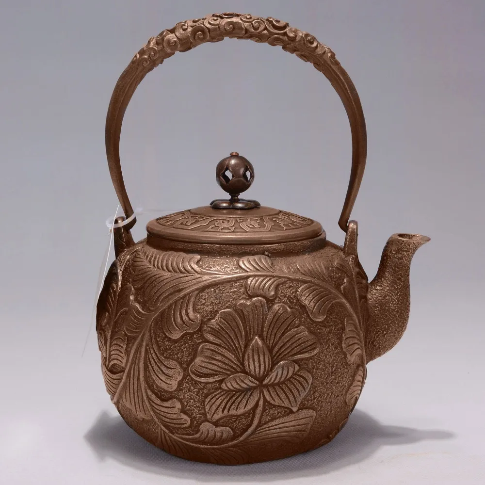 Oriental Handmade HandPainted Copper Teapot With Flower Design Vintage