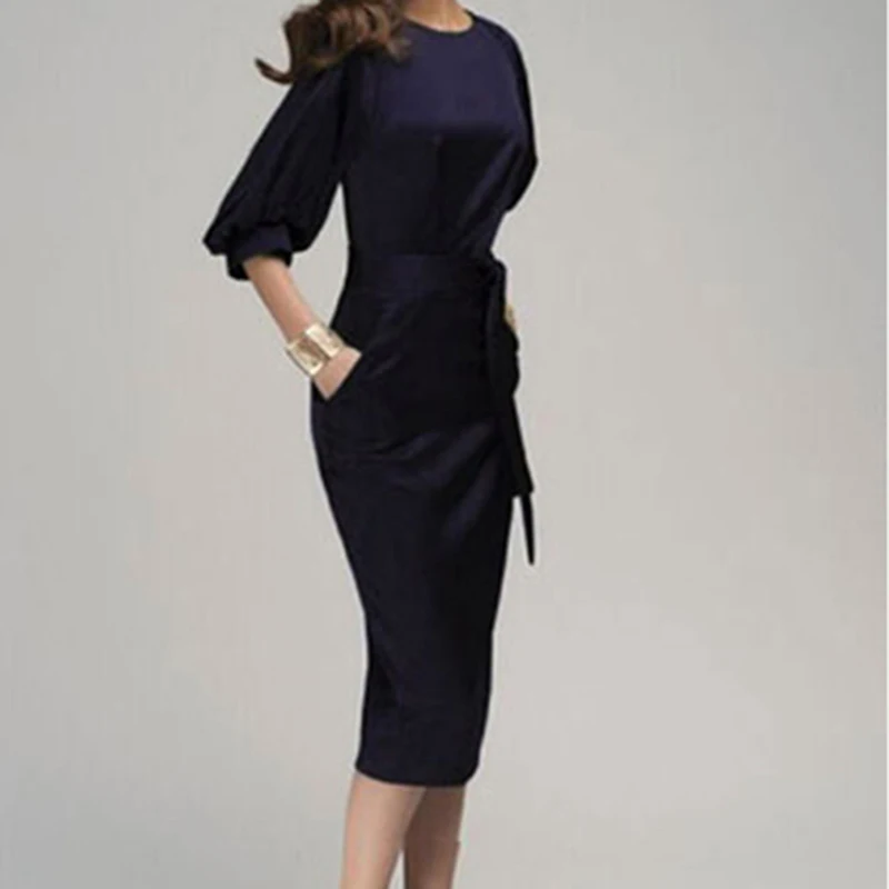 أنيقة النساء اللباس مع الزنانير فانوس الأكمام ضئيلة Bodycon حزب اللباس Vestidos مكتب سيدة منتصف العجل قلم رصاص اللباس