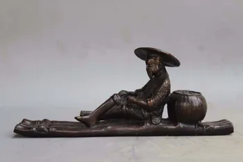 

20.5cm Collect Chinese Red copper Handmade Old Man Fisherman Boat Fish Stat