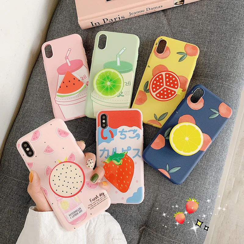 

Airbag Bracket Summer Fruit TPU Back Cover For iPhone X XR XS Max 6 6S 7 8 plus Anti-fall Soft Silicone Finger Ring Holder Case