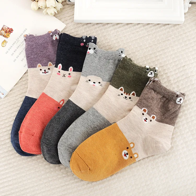 

New Candy Colors Kawaii Animal Socks Cute Japanese Women Cartoon Sock Novelty 100 Cotton Long Socks