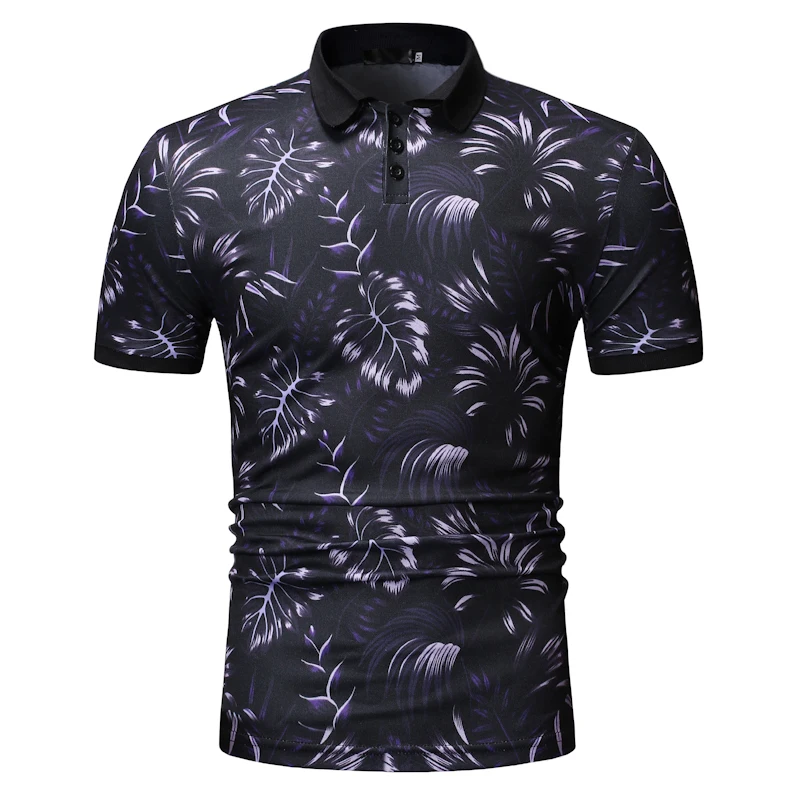 NEGIZBER New Summer Men's Polo Shirt Casual Lapel Slim Polo Shirt Plant Print Short-sleeved Polo Shirt Men