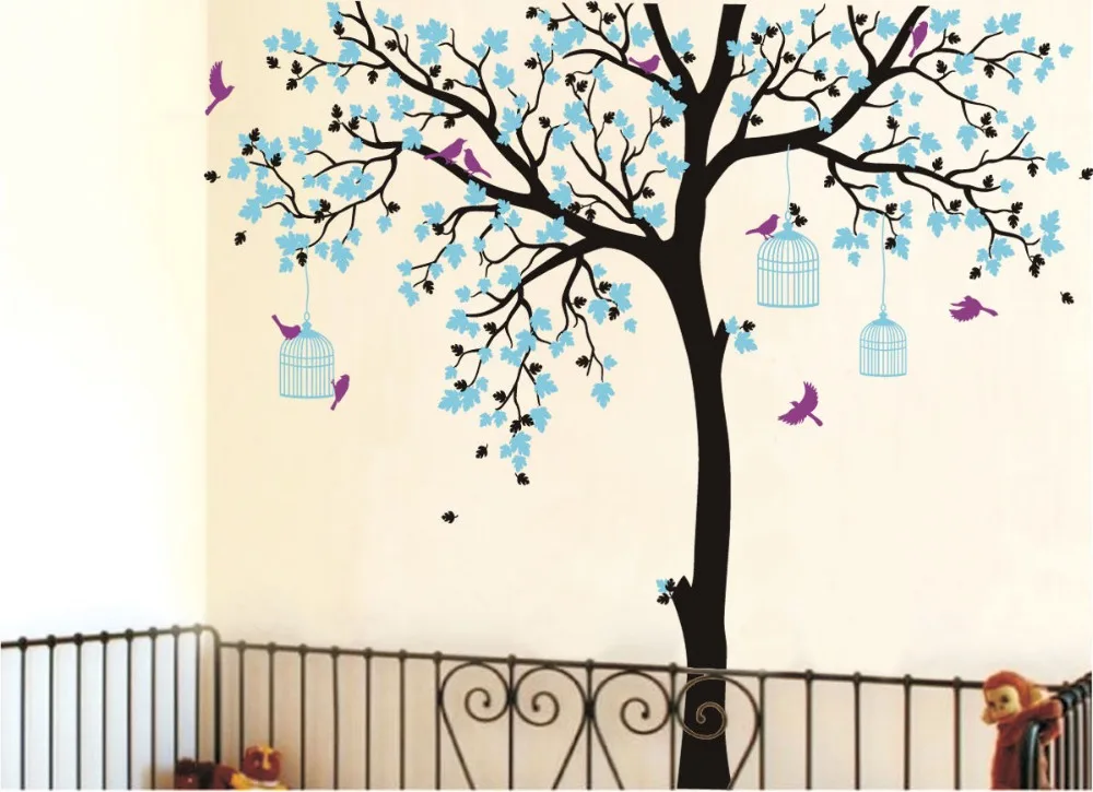 Клетка для птиц на дереве Декор детской комнаты Детская комната Наклейка на стену большое дерево с птицами листья наклейки на стену для детской комнаты Настенные татуировки D371