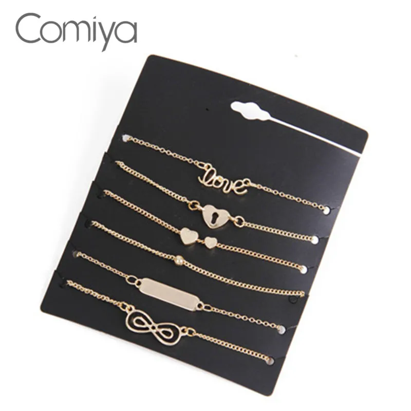 

Comiya Fashion 2018 Heart Bowknot 6 Bracelets One Set For Women Pendant Chains Bracelet Brazaletes Pulseras Mujer Bijoux