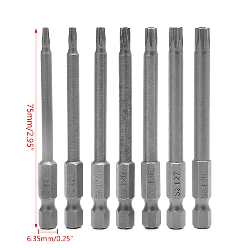 High Precision 7Pcs 75mm T8-T30 Magnetic Torx Screwdriver Bit 1/4 Inch Hex Shank for car accessories