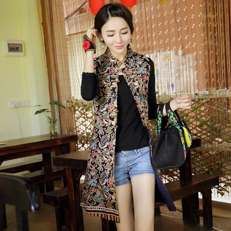 Woman Vest New Arrival Chinese Style Women Sleeveless Jacket Vintage Print Long Slim Ethnic Waistcoat Cotton Linen Tops f1073