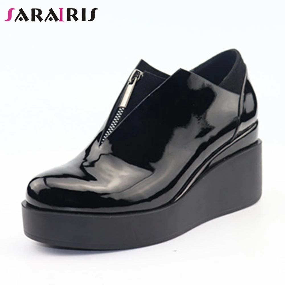 SARAIRIS/ бренд, большие размеры 35-41, однотонные туфли из лакированной Pu искусственной кожи с круглым носком на танкетке, женские повседневные офисные туфли-лодочки на осень и зиму, черные
