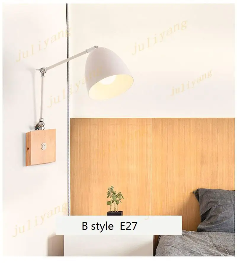 Modern nordic wood wall lamp  with switch  bedhead  bedside wall lights adjustable bedroom room home  decoration  E27 110v 220v bedside wall lamps