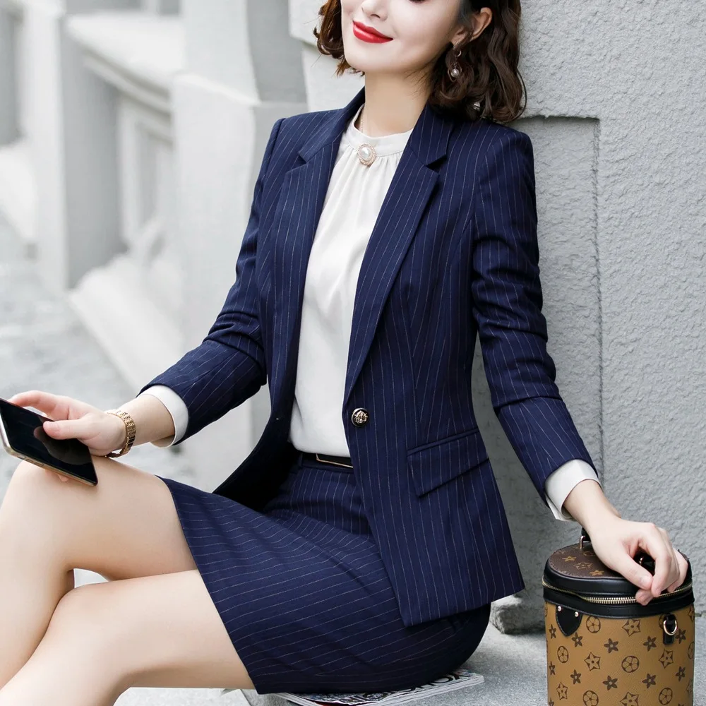 Skirt Suit Office Clothes 4XL Plus Size 2 Piece Set Blue Stripe Jacket Skirt Costume Interview Host Career Lady Work Suit 622