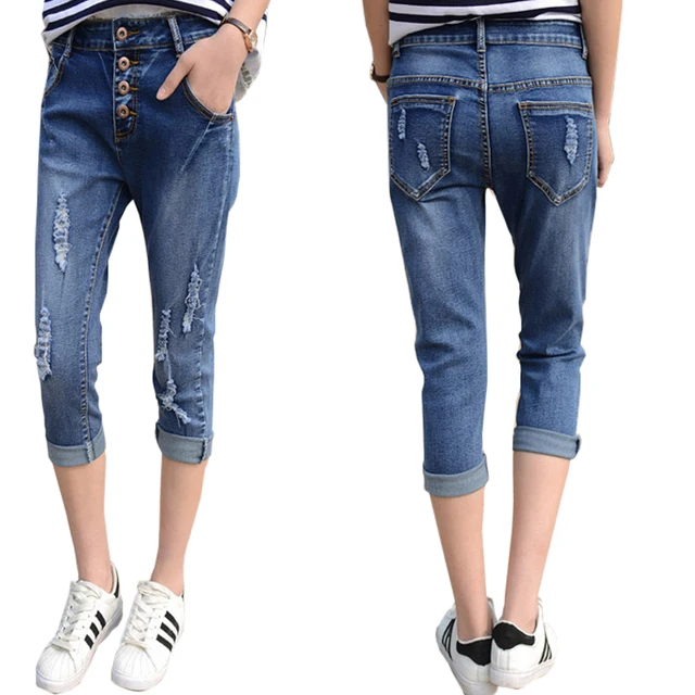 Denim Slim Ripped Skinny Harem Pants Crop Jeans Bottoms Trousers Summer ...