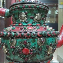 13 Непал Медь Бронза декор коралловый бирюзовый кувшин Чайник банк вина 8.02