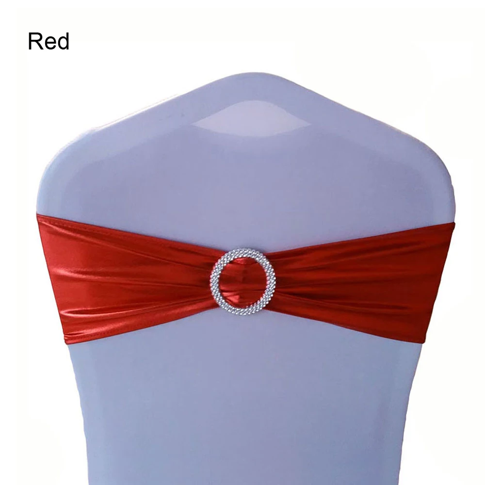 20pcs/lot Wedding Party Decoration Metallic Gold/Silver Stretch Chair Sash Band With Round Buckle Hotel Banquet Party Favor - Color: red