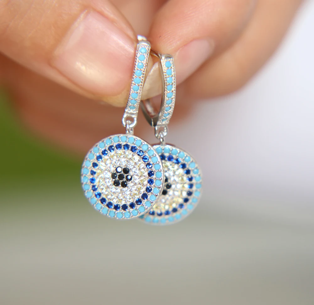 100% 925 sterling silver high quality micro pave cz nano turquises dangle evil eye disco luxury beautiful women earring (11)