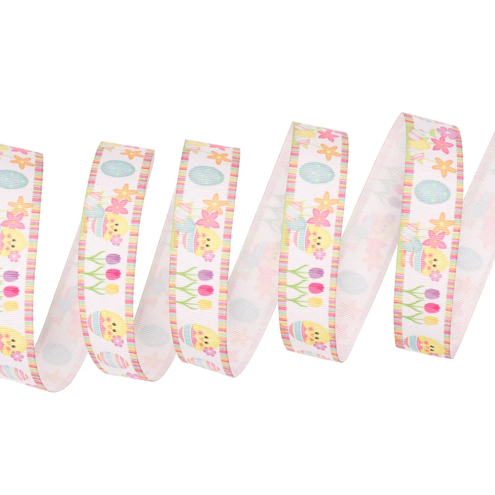 5Y/lot 25mm Cartoon Easter Ribbons Thermal Transfer Egg Rabbits Printed Grosgrain Ribbon DIY Handmade Material Tape Decoration