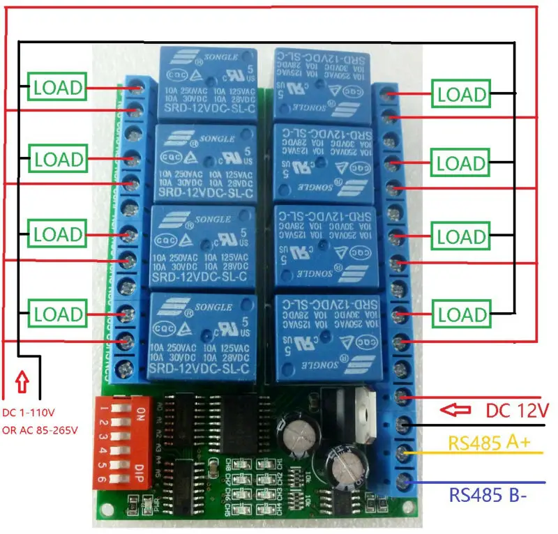 

8CH dc 12V Modbus RTU RS485 Relay Module Switch Board for PLC Lamp LED PTZ Camera