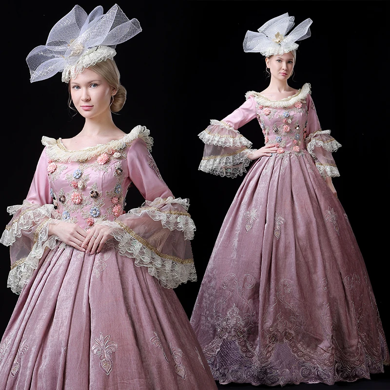 

Women European Court Princess Dresses Female Pink Lace Flare Long Sleeves Peter Pan Collar Flowers Applique Halloween Costumes