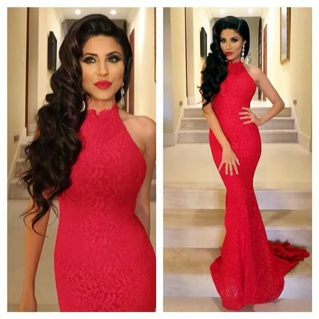 

High Neck Red Lace Mermaid Prom evening gown 2018 New Sexy Charming Sleeveless Court Train Formal