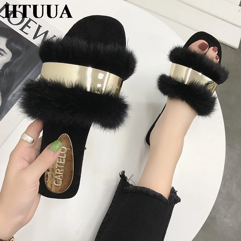 

HTUUA Fluffy Fur Slippers Women Fashion Metal Bling Fur Slides Flat Flip Flops Summer Winter Home Slipper Ladies Shoes SX1495
