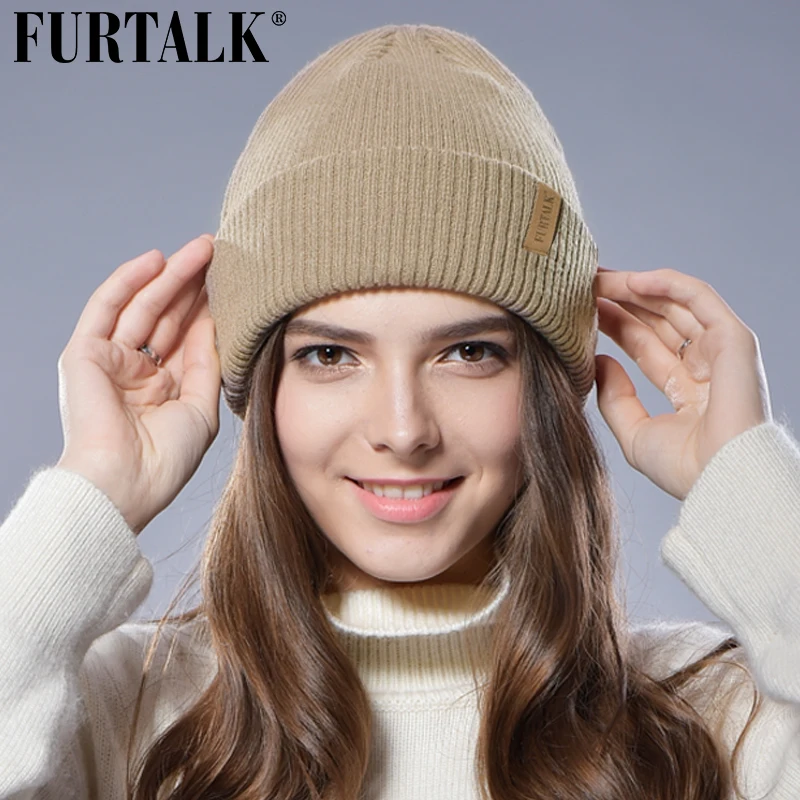 FURTALK Winter Wool  Woman  Knitted Beanie  Hat  Cuff Cap 