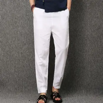 

2019 Sinicism High quality Men Summer Casual Pants Natural Cotton Linen Trousers White Linen Elastic Waist Straight Man's Pants