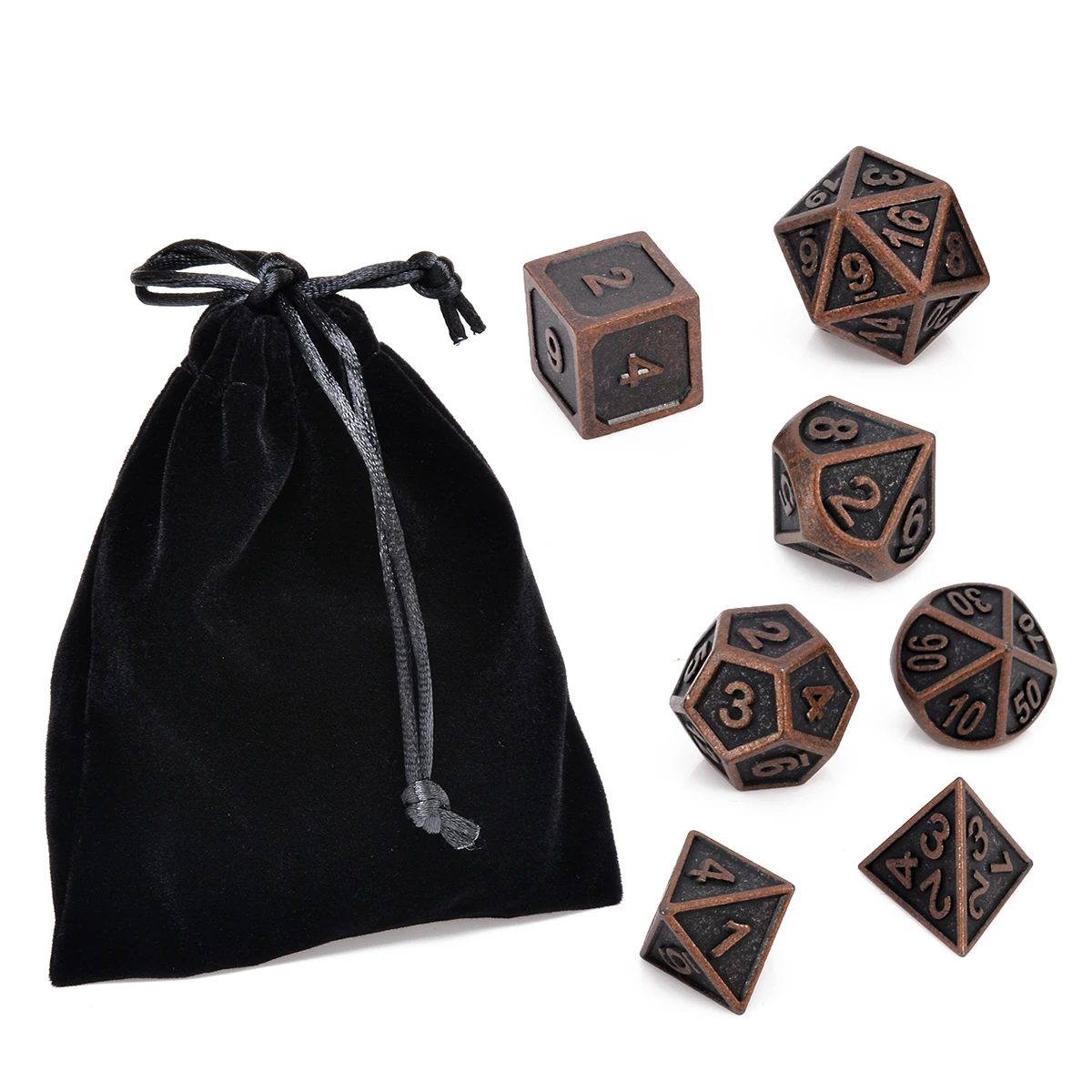 7Pcs Funny Copper Color Retro Metal Polyhedral Dice For Dungeons & Dragons MTG Playing Table Board Games Gaming Party With Bag