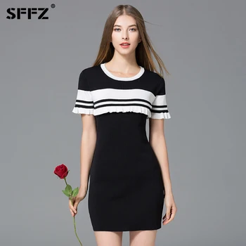 

SFFZ Spring Women Sweater Casual Short Sleeve O-Neck Women's Sweaters Dresses Pullovers Fashion Black Lady Pullover Long Tops