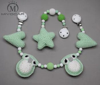 

MIYOCAR handmade wood clip green Crochet heart with stroller toy chain for pram stroller mobile rattle stroller chain