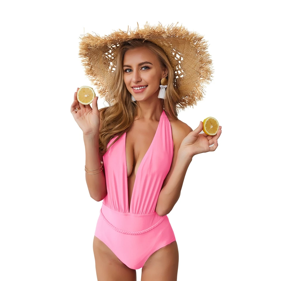 

JSY Simple Deep V-neck Swimsuit Sexy Backless Bandage One Piece Bikini 2019 New Fashion Summer Swimming Suit For Women