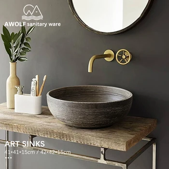 Bathroom Sinks Art Ceramic Vessel Imitation stone Washing Basin Bowl For Bathroom Or Balcony Restoring Ancient Ways Sink AM855 kemaidi new arrival bathroom faucet round paint golden bowl sinks vessel basins washbasin ceramic basin sink