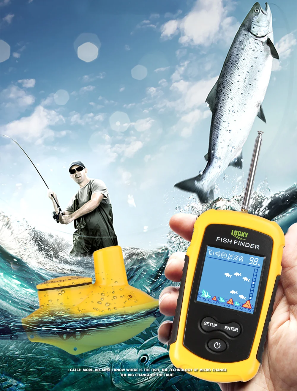 Inventor dos Peixes Localizador de Pesca Ffcw1108-1 sem Fio m sem Fio Sorte Sonar Alarme m 130ft Deeper Fishfinder Inglês Russo 120 40 3 fio 120m sem fio pesca localizador alarme