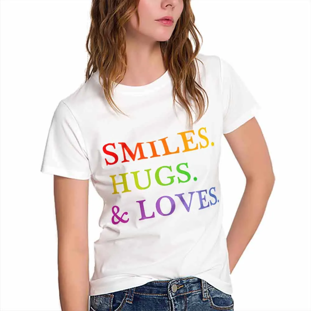 

New Kpop Smiles Hugs Loves Print Funny Short Sleeve T Shirt Woman Summer cotton White Black tshirt