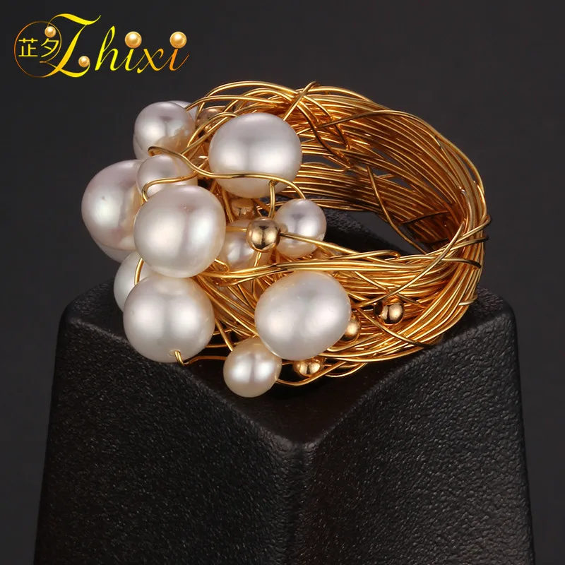 

ZHIXI Freshwater Pearl Ring For Women Fine Jewelry Baroque Natural Pearl Wedding Bands Birthday Gift Black Box PopcornEB204J