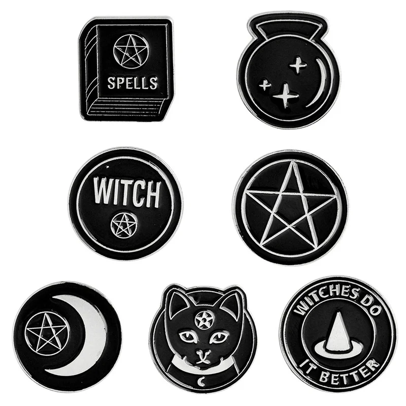 

Dark Pins Star Triple Moon OUIJA Heart Witch Coffin SPELLS Book Cards Bottle Dog Brooch Black Enamel Punk Round Pin Buckle Badge