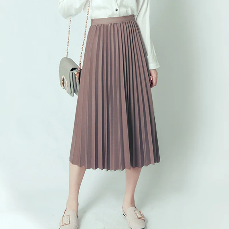 

Women's Solid Pleated Lush Mid Skirts High Quality A-line Knee Length Midi Skirts Pink Burgundy Green Ivory White Skirts