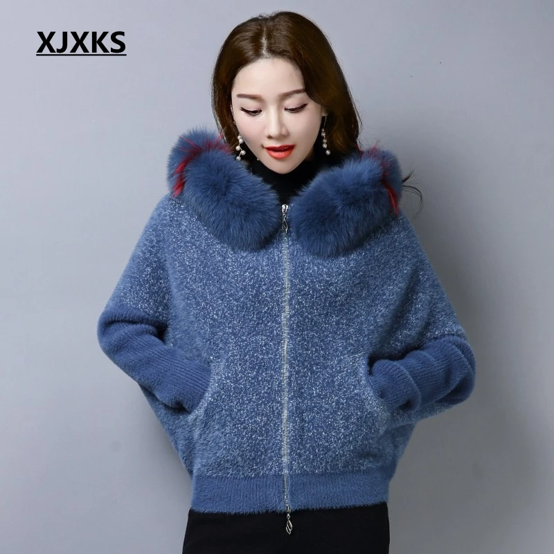 

XJXKS harajuku loose batwing sleeve fur collar women sweater coat warm zipper knitting high quality warm women cardigan sweater