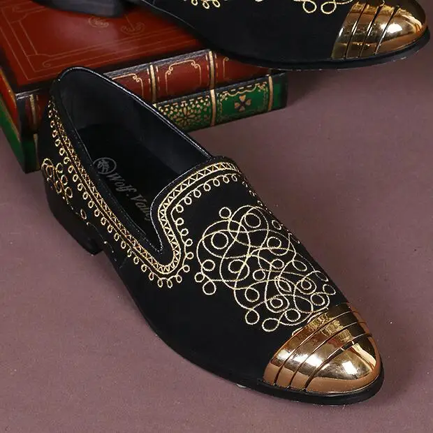 

2018 Follwwith Brand Gold Paisley Embroidery Bordered Smoking Suede Men Loafers Slip On Sapatos Mujer Party Casual Shoes