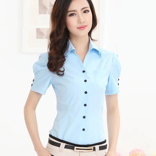 2016 New Summer Fashion Short Sleeve Formal Shirt Women Solid Color Dress Shirt Blousein