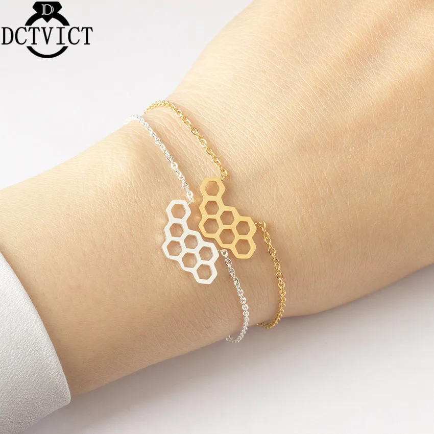 

Geometric Fashion Cute Honeycomb Bracelet Stainless Steel Jewelry Beehive Honey Bee Comb Hive Hexagon Hand Link bubble jewelry